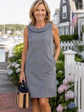 TALBOTS Gingham Black White Ruffle Neck New England Preppy Dress Size 8